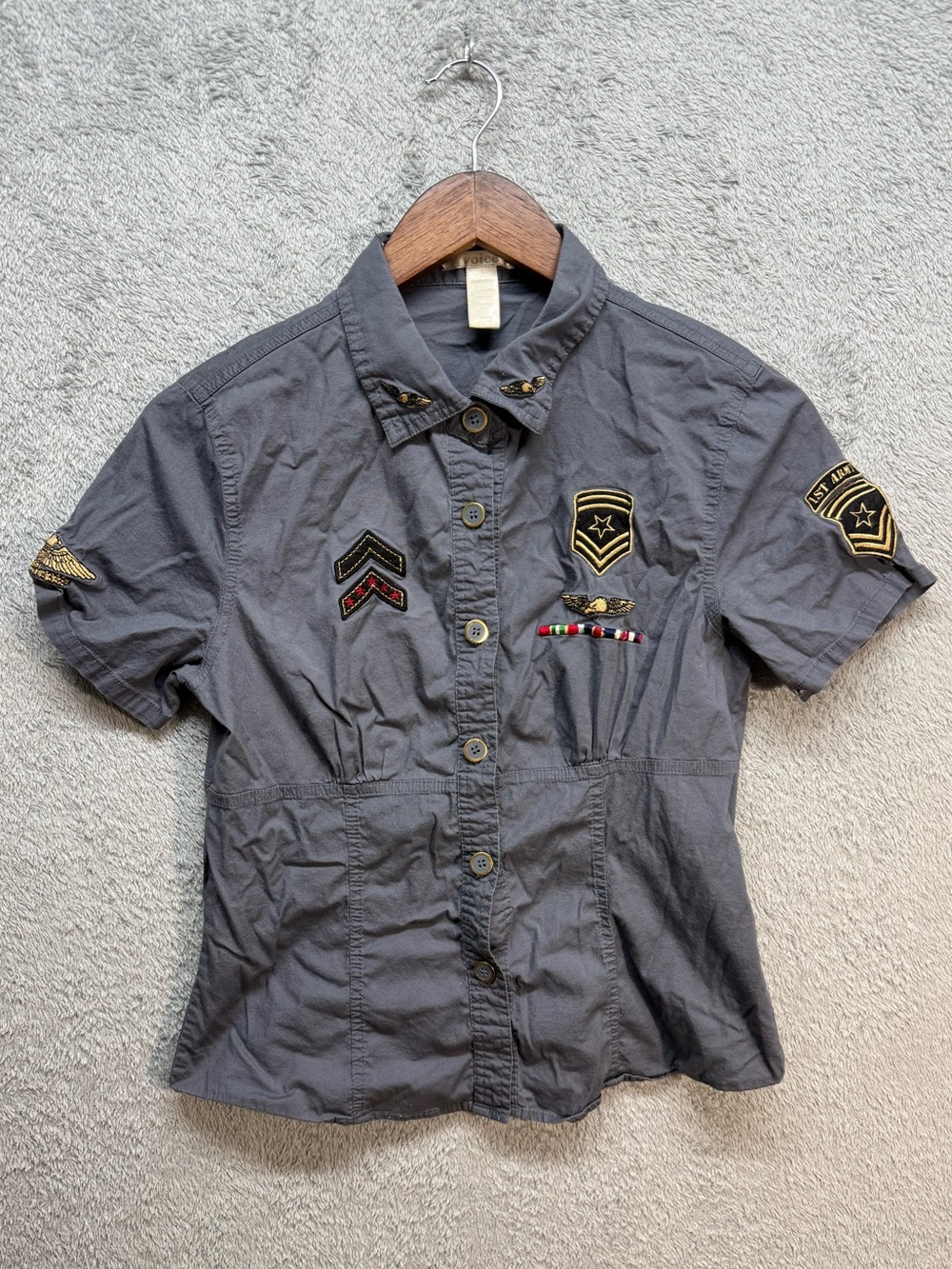 Voice Gray Military Utility Utility Shirt Short Sleeve Patch Detail Button Up L